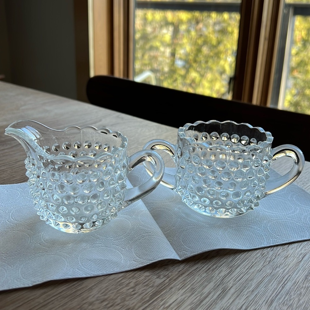 Hobnail clear glass creamer sugar NEW